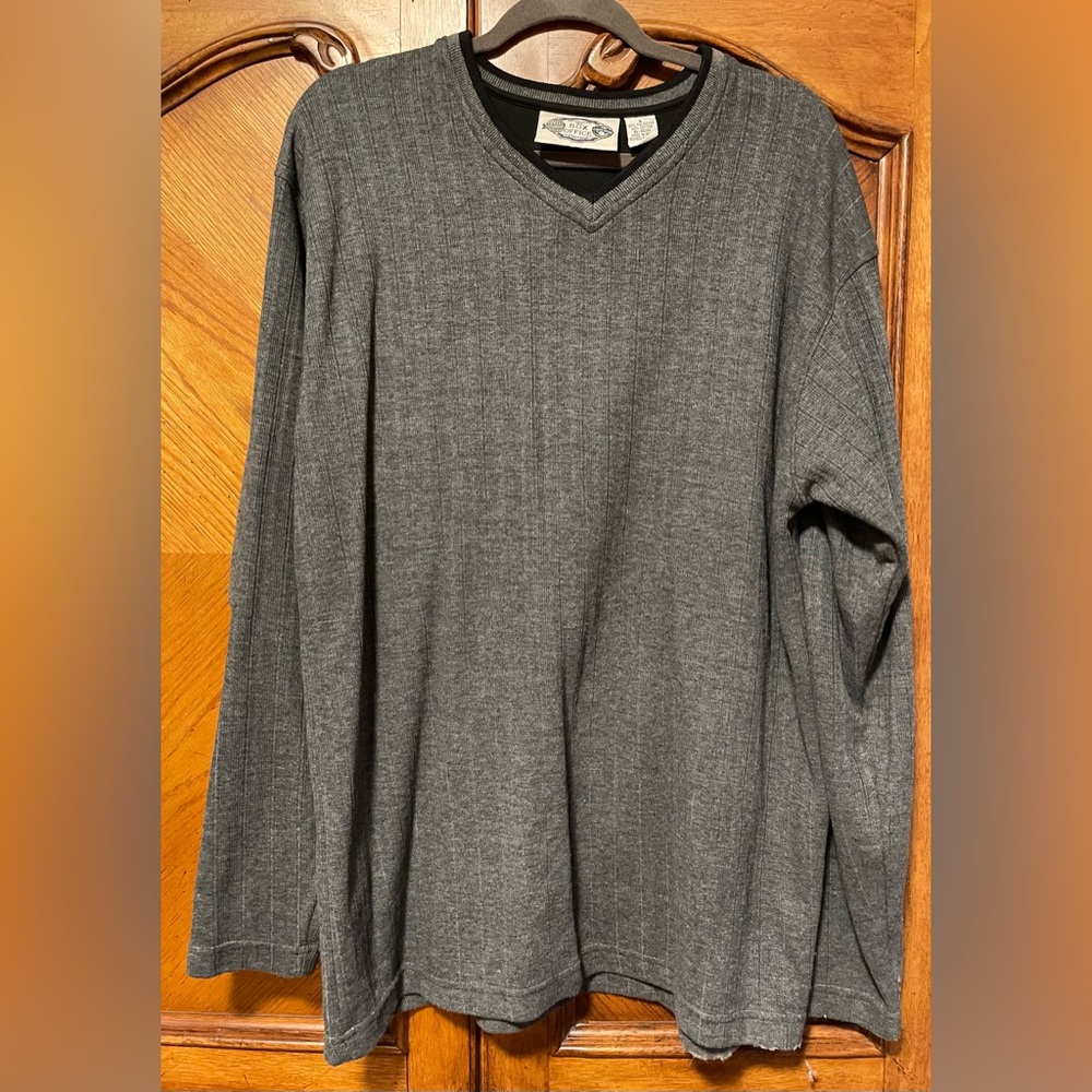 Men’s Sweater Gray Pullover V-neck Long Sleeve Cotton Polyester Size Large